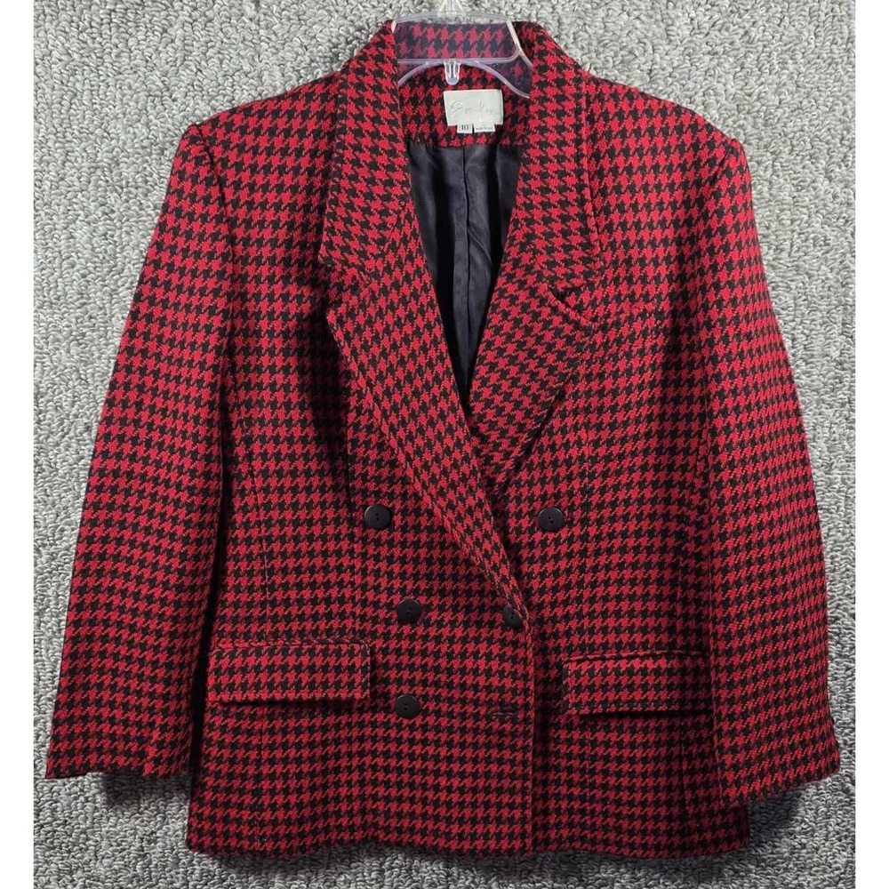 EMILY Houndstooth Double Breasted Blazer Jacket Women 10‎ Vintage Red Black
